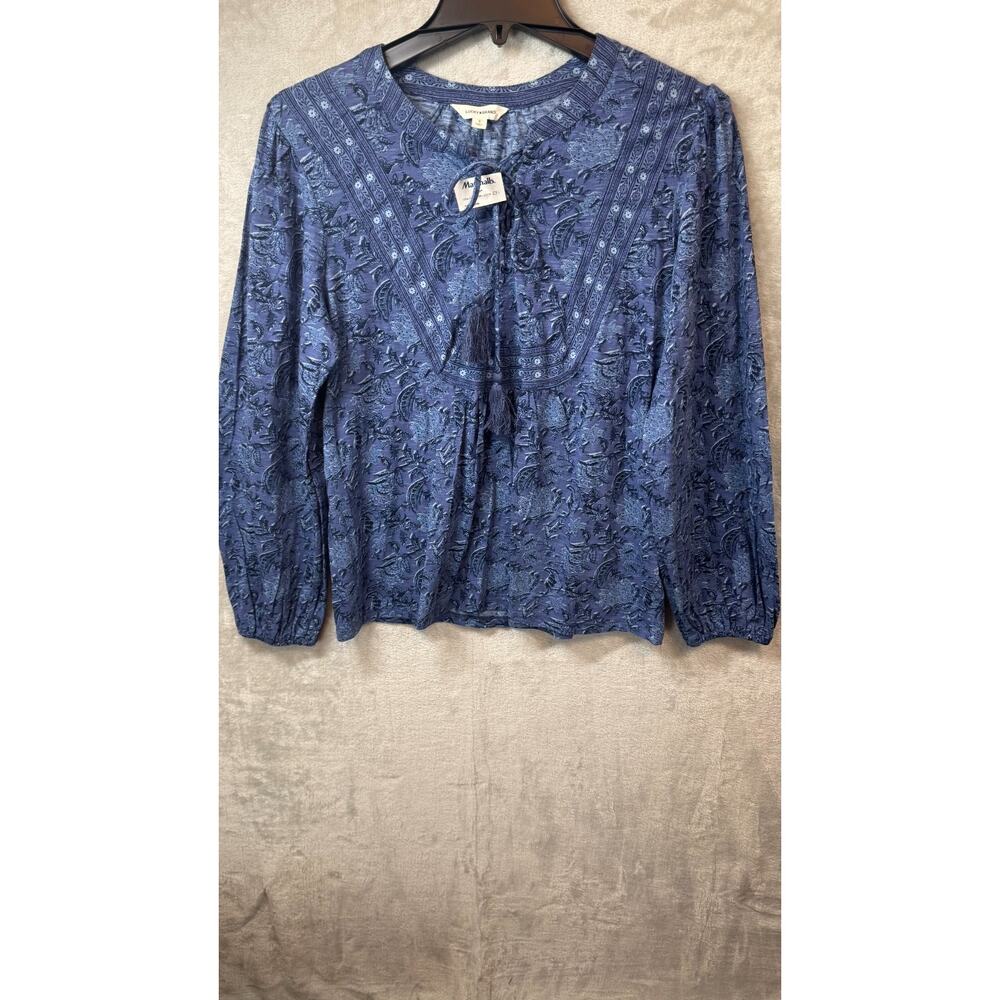 Lucky Brand NEW Women Top Blouse S Blue Tassel Tie Pullover Long Sleeve Stretch